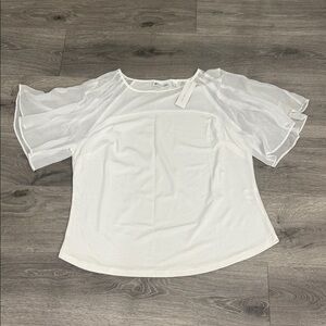 Women’s White Blouse Top Short Sheer Flare Sleeve NWT Large Office Attire Work